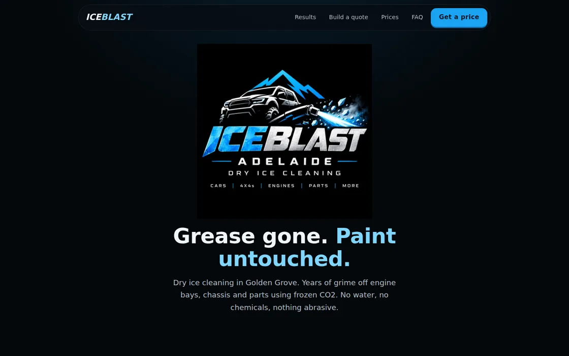 Ice Blast Adelaide homepage: the business logo above the headline Grease gone. Paint untouched.